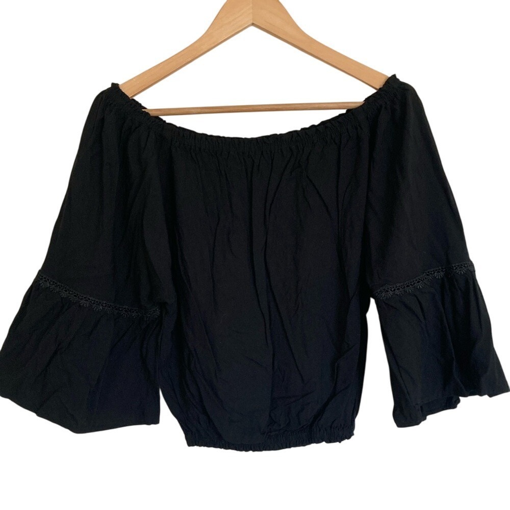PIYoga‎ Brand Women's Black Off-Shoulder Top Crop Top Size L 3/4 Bell Sleeve